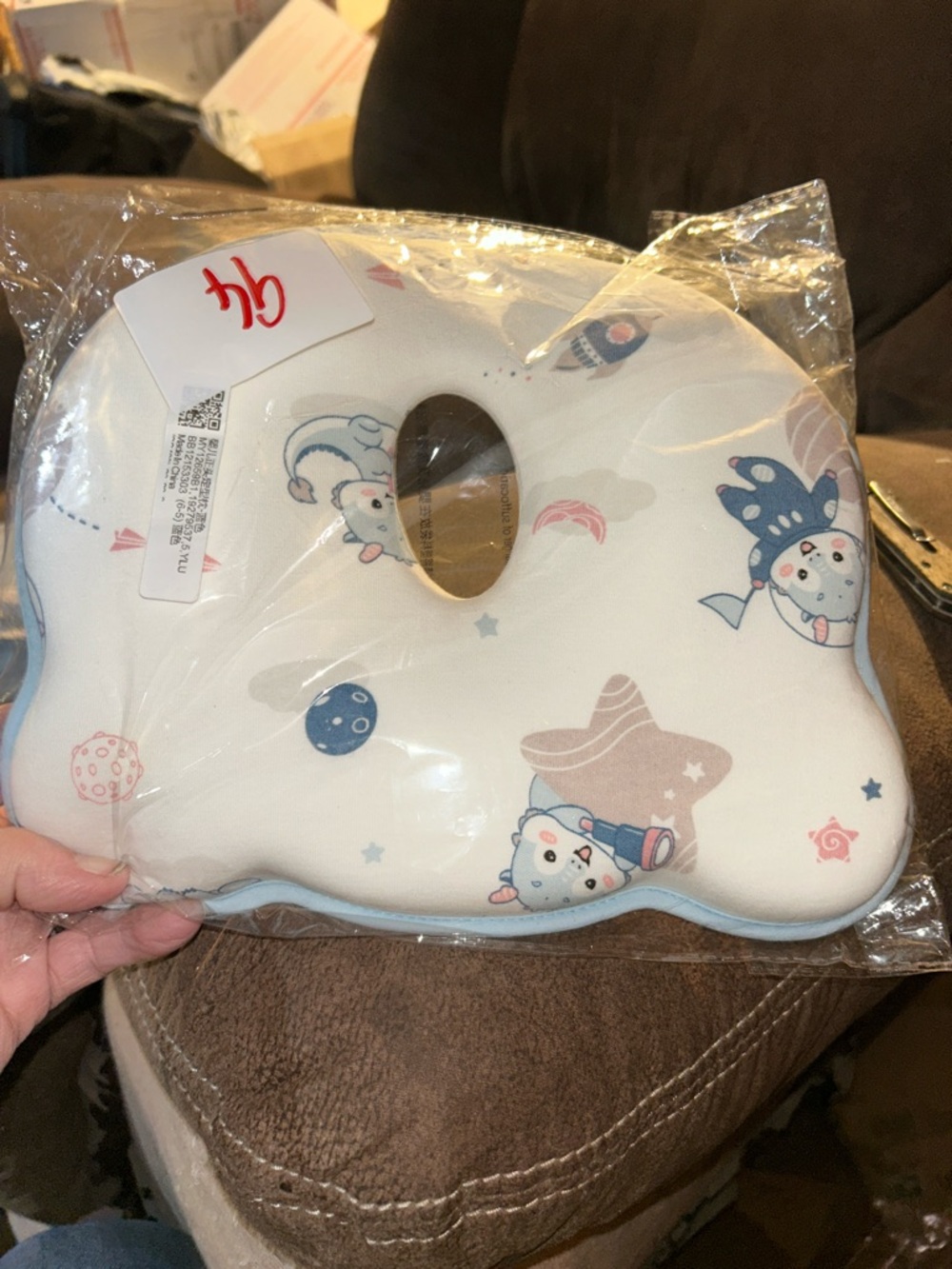Baby Head Support Pillow - White with Blue and Pink Nursery Print